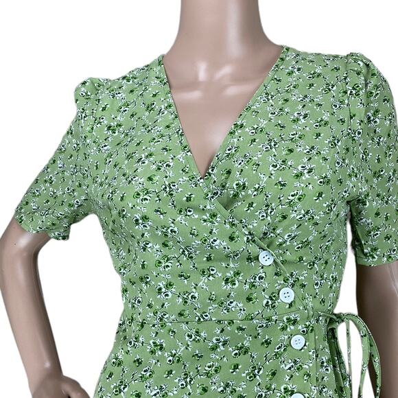 Rouje Green Floral Retro Knee Length Short Sleeve V-Neck Wrap Dress Size S - Picture 2 of 6
